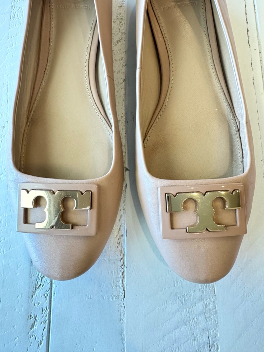 Tory Burch Ballet Flats Leather Logo Beige Size 8M - Picture 3 of 10
